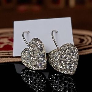 Silver Tone  Heart Shaped Rehnistones Earrings